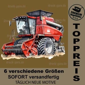 Op de afbeelding: Een rode combine met de tekst "47400MT" aan de zijkant. De afbeelding is een digitale illustratie van een landbouwvoertuig.