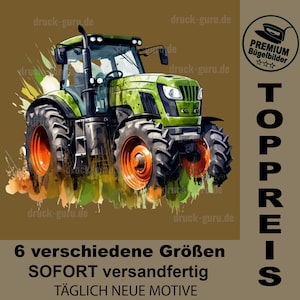 Könnte beinhalten: Ein grüner Traktor mit orangenen Rädern ist von grünen und orangenen Farbschleudern umgeben. Der Text "TOPPREIS" steht in großen schwarzen Buchstaben auf der rechten Seite des Bildes. Der Text "PREMIUM Bügelbilder" befindet sich in einem weißen Kasten mit schwarzem Rand und drei Sternen darunter.
