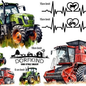 Może przedstawiać: Cyfrowa ilustracja różnych maszyn rolniczych, w tym ciągników i kombajnu zbożowego. Ilustracja jest w stylu akwarelowym z zielonym ciągnikiem, czerwonym kombajnem i czarno-białym sercem z krową w środku. Tekst "DORFKIND UND STOLZ DRAUF" jest również zawarty w obrazie.