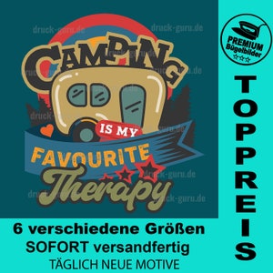 May include: A retro-style illustration of a camper van with the text "Camping is my favorite therapy" in a blue banner with red stars. The image is set against a teal background with a rainbow arc above the camper van. The text "TOPPREIS" is in a blue box on the right side of the image.