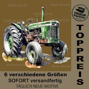 May include: A green and brown tractor with large tires, set against a brown background. The tractor is a vintage model with a detailed design. The text "TOPPREIS" is visible in the upper right corner of the image.