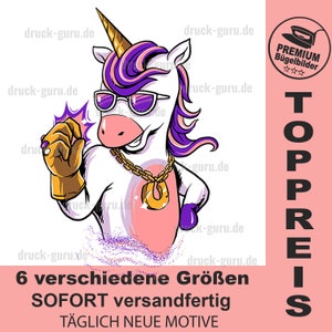 May include: A cartoon unicorn wearing sunglasses and a gold chain with a horseshoe pendant. The unicorn is wearing a purple and pink mane and tail. The background is pink with the text "TOPPREIS" in white.