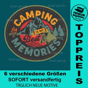 May include: A vintage-style iron-on patch with a mountain scene and the text "Camping is my best memories". The patch is in shades of red, blue, green, and yellow. It is a premium iron-on transfer for clothing and other fabrics.