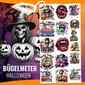May include: A set of 12 iron-on transfers featuring Halloween-themed designs. The designs include skeletons, pumpkins, ghosts, and other spooky imagery. The transfers are perfect for adding a festive touch to clothing, bags, and other fabric items.