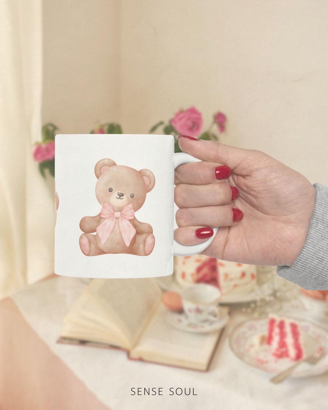 Teddy Bear Coffee Mug Pink Bow Coquette Girly Gift For Her Trendy