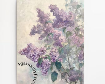 May include: A watercolor painting of a bouquet of purple lilac flowers with green leaves against a light beige background. The painting has a soft, dreamy feel and is perfect for adding a touch of elegance to any room.