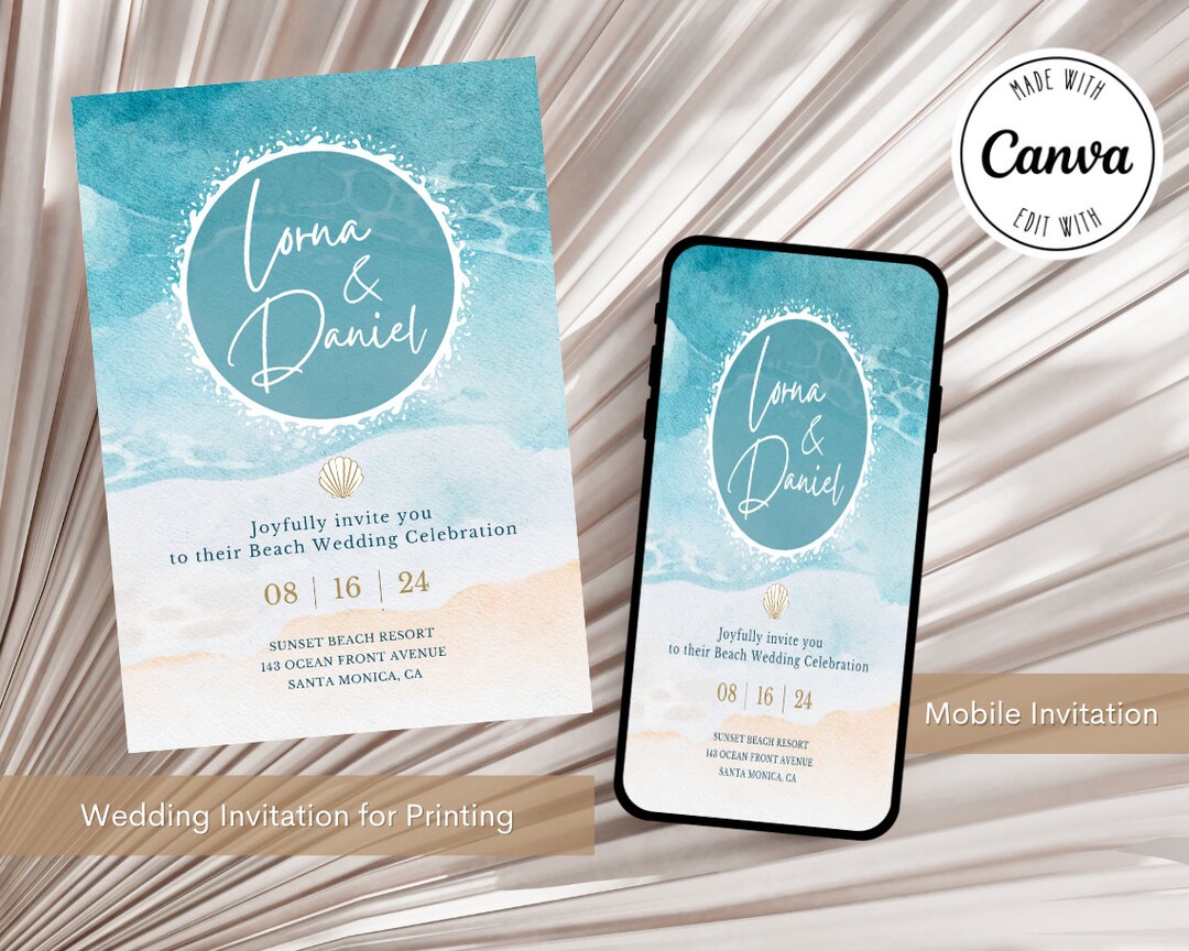 Personalized Beach Wedding Invitation Printable, Printable Beach ...