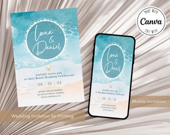 Personalized Beach Wedding Invitation Printable, Printable Beach Wedding Invitation, Editable Wedding Template, Instant Edit with Canva