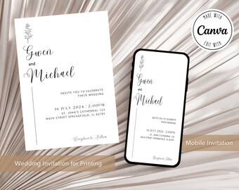 Faire-part de mariage minimaliste, modèle d'invitation minimaliste, suite d'invitations moderne, invitation en ligne élégante, carte de détails