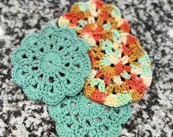 Boho Coasters Crochet, Crochet Mug Coasters, Coaster Set, Housewarming Gift, Summer Coasters, Crochet Flower Coasters, Crochet Coasters Set