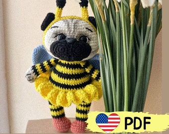 Perro Crochet Patrón Pug Amigurumi Perro Juguete Crochet Abeja Adorable Pug