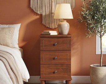Narrow 3 Drawer Wooden Nightstand | Slim Bedside Table & Compact Storage End Table