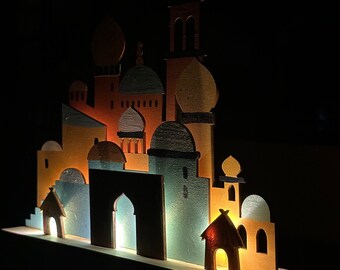 Eid Decor - Light-Up Wooden Mosque Decoration | Islamic Art for Home | Ambient Glow Battery-Operated Mosque for Tabletop & Shelf