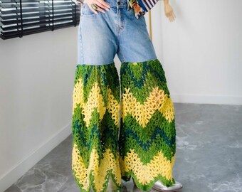 Hippie pants, Custom crochet trousers plus size ,Knitt trousers gift for duaughter birthday, Summer pant ,Denim crochet Handmade , Denim