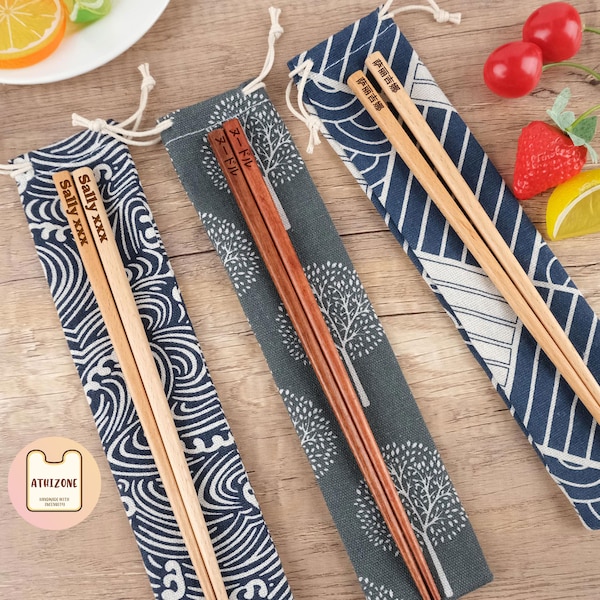 Custom Engraved Wooden Chopsticks, Personalized Name Chopsticks, Engraved Initial Monogram Chopstick, Japanese Style Fabric Pouch, Best Gift