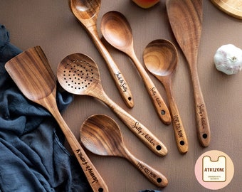 Personalized Wooden Spoon Set, Custom Engraved Spoon Set, Engraved Monogram Gift, Kitchen Wooden Spoon Set, Mother Father‘s Day Gift For Her