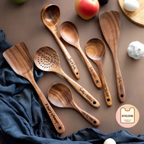 Personalized Wooden Spoon Set, Custom Engraved Spoon Set, Engraved Monogram Gift, Kitchen Wooden Spoon Set, Mother Father‘s Day Gift For Her