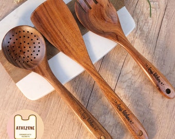 Personalisierte handgemachte Holzlöffel Set, individuell gravierte Monogramm Löffel Set, Holzutensilien, Holzkochlöffel, Muttertagsgeschenk für Sie