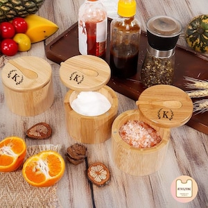 Personalized Practical Salt Cellar, Custom Name Bamboo Olive Wood Salt Keeper, Swivel Salt Cellar With Spoon, Kitchen Table Decor,Best Gift