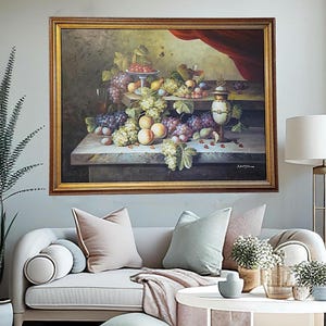 Cuadro vintage firmado por K. Adams / Lienzo enmarcado / Arte mural grande / Obra única / Romance con vino de frutas y banquete de bodas