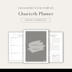 May include: A printable quarterly planner template with a gray background and the text "Quarterly Planner" in a white box with a gray brushstroke effect. The text "Visualize, Plan, Do" is below the box. The template includes sections for professional, health, and spiritual goals.