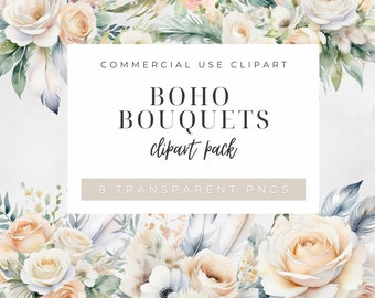 Boho Flower Clipart, Commercial Clipart, Wedding Flowers Clipart, Boho Clipart, Commercial Use, Boho, Watercolor Boho Flowers Clipart,