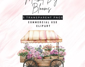 Aquarell Blumen Warenkorb Clipart, Wildblumen PNG, Blumenmarkt Bild, kommerzielle Nutzung, Blumen Clipart, Frühling PNG, 5 Bilder, Cottagecore PNG