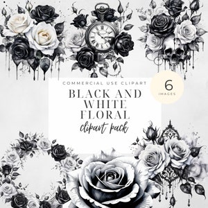 Clipart fleur noir et blanc, clipart floral gothique, usage commercial, clipart mariage, clipart funérailles, clipart fleur aquarelle, PNG
