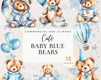 Watercolor Teddy Bear PNG, Baby Shower, 1st Birthday Invites, Commercial Use, Baby Blue Teddy Bear Art, Beary 1st Birthday  Clipart