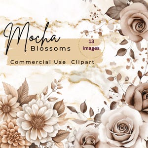 Watercolor Mocha Mousse Flower Clipart, Neutral Wedding Images, Mocha Flower PNG, Floral Clipart, Boho Clipart, Commercial Use, Fall Clipart