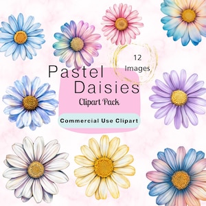 Clipart di margherite pastello acquerellate, PNG di margherite, immagini di margherite pastello, clipart di fiori primaverili, margherita bianca, margherita viola, clipart sfumata