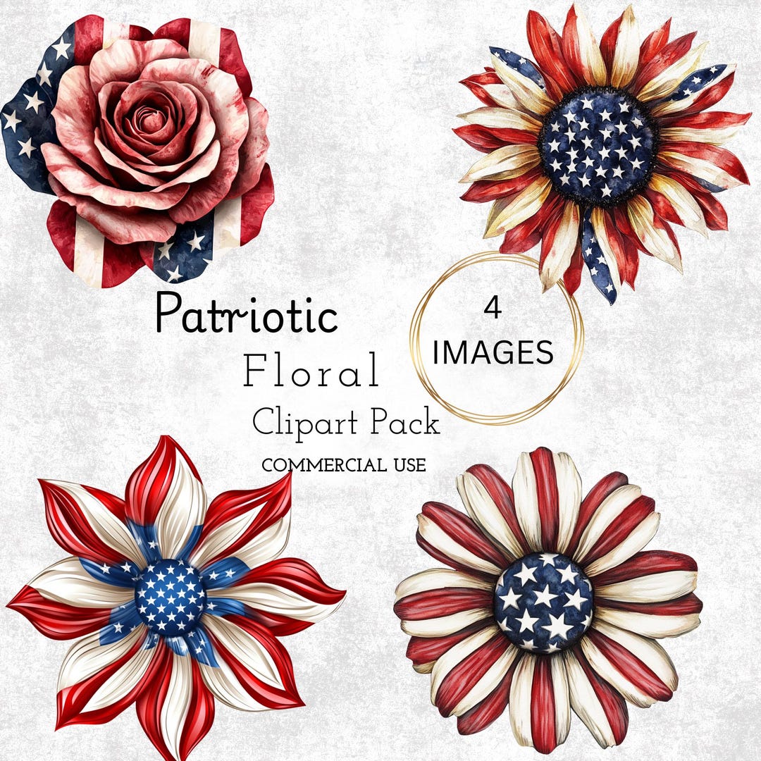 4th of July Flower Clipart, Red, White & Blue Clipart, Patriotic Floral ...