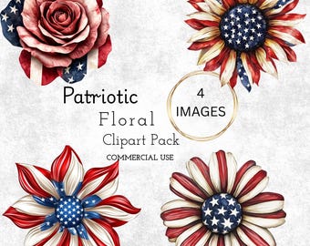 Puede incluir: Una colección de cuatro imágenes prediseñadas florales patrióticas. Los diseños presentan flores rojas, blancas y azules, incluyendo una rosa, un girasol y flores tipo margarita. También se ve el texto "Patriotic Floral Clipart Pack".