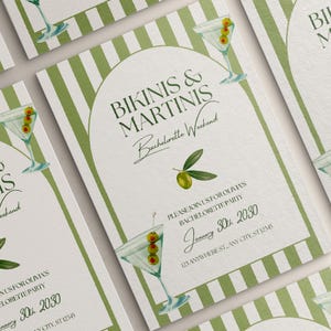 Puede incluir: Invitaciones con un fondo a rayas verdes y blancas, con el texto "Bikinis & Martinis Bachelorette Weekend." También se muestran copas de Martini con aceitunas y una rama de olivo. La fecha es el 30 de enero de 2030.
