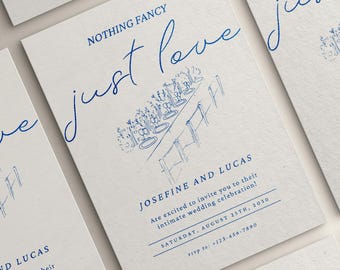 May include: A rectangular off-white wedding invitation card featuring blue text and a line drawing of a dining table. The text reads: NOTHING FANCY just love, JOSEFINE AND LUCAS, Are excited to invite you to their intimate wedding celebration!, SATURDAY, AUGUST 25TH, 2030, rsvp to: +123-456-7890.