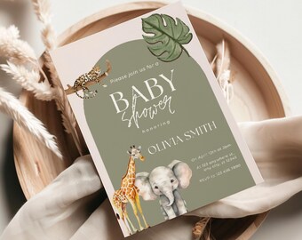 May include: A green and beige baby shower invitation with a jungle theme. The invitation features a giraffe, an elephant, and a leopard. The text on the invitation reads "Please join us for a Baby Shower honouring Olivia Smith".