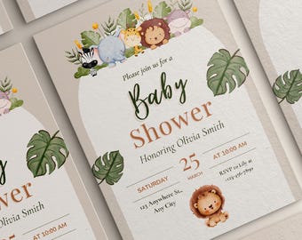 May include: A beige baby shower invitation featuring a watercolour illustration of jungle animals, including a lion, zebra, elephant, and giraffe. The text reads "Please join us for a Baby Shower Honoring Olivia Smith Saturday, March 25 at 10:00 AM 123 Anywhere St., Any City RSVP to Lily at 123-456-7890"