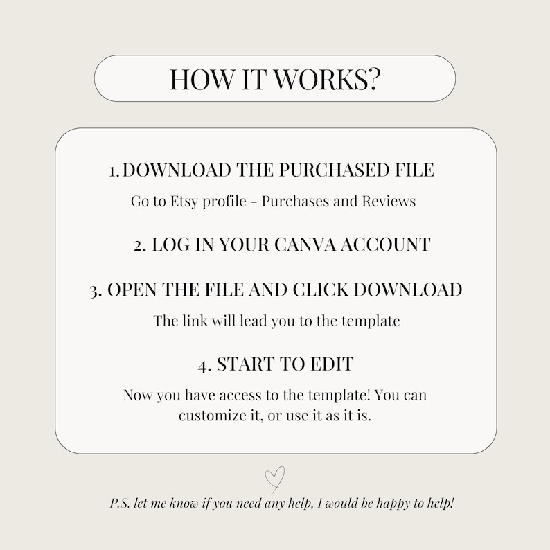 May include: A white text box with a black outline and the text "HOW IT WORKS?" at the top. Below the text box, there are four numbered steps on how to download and edit a purchased file. The steps are: 1. Download the purchased file, 2. Log in your Canva account, 3. Open the file and click download, and 4. Start to edit. The last line of text says "P.S. let me know if you need any help, I would be happy to help!"
