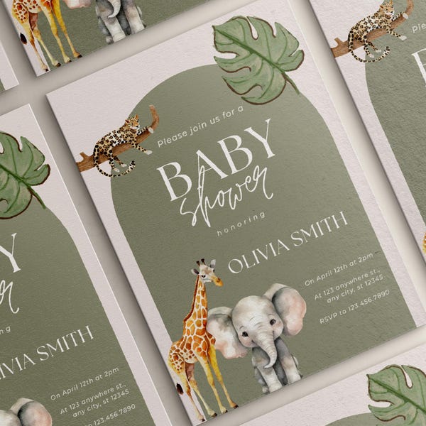 Modello di invito per baby shower a tema safari, invito modificabile per baby shower, invito per baby shower a tema giungla, invito per animali dello zoo, stampabile su Canva