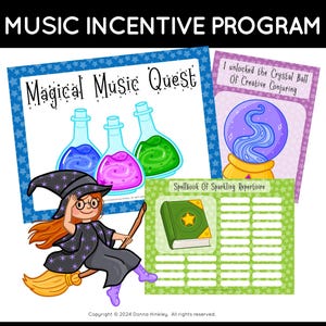 Könnte beinhalten: Ein druckbares Musik-Anreizprogramm mit einem magischen Thema. Das Programm zeigt eine Hexe, die auf einem Besen fliegt, Zaubertrankflaschen, eine Kristallkugel und ein Zauberbuch mit einer Checkliste. Der Text auf der Seite lautet "Magical Music Quest" und "Spellbook of Sparkling Repertoire".