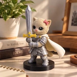 May include: A cream-colored cat figurine dressed in silver knight armor, holding a silver sword with a yellow hilt. The cat has a small pink bow on its head and wears a white cape. It stands on a circular black base, facing forward.