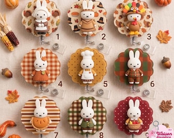 Thanksgiving Bunny Badge Reel, Fall Lover Retractable ID Clip, Kawaii Bunny Teacher 2-Layer Badge Reel, Thankful Office Worker Nurse ID Clip