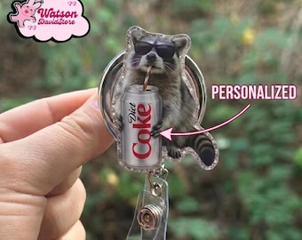 Raccoon Diet Coke Badge Reel, Custom Drink Badge Reel, Personalized Retractable Nurse Acrylic Badge Reels, Soda Lover Office Accessory