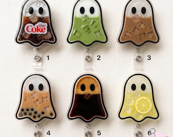 Ghost with Diet Coke Badge Reels, Custom Drink Halloween Badge Reels, Matcha Nurse ID Clip, Coffee Teacher ID Clip, Boba Tea Nurse Accessory