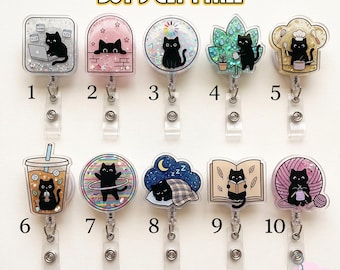 Cute Black Cat Badge Reel, Kawaii Kitten Retractable ID Holder, Funny Feline Nurse Badge, Teacher IT Office Worker Gift, Cat Mom Accessory