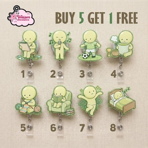 Può includere: Una collezione di otto porta badge a fumetto con personaggi gialli in varie attività. I personaggi sono raffigurati mentre scrivono, cantano, giocano a calcio e dormono. Il testo "BUY 5 GET 1 FREE" è visualizzato.