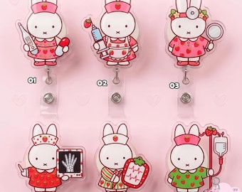 Kawaii Bunny Nurse Badge Reel, Medical ID Holder, Strawberry Bunny Badge Reel, Nurse Retractable Badge Clip, Hospital Work Accessories