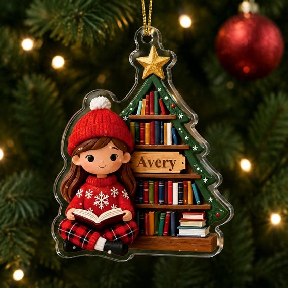 2D FLAT Personalized Book Lover Ornament, Cozy Reading Christmas Ornament, Custom Name Bookworm Gift, Reader Keepsake