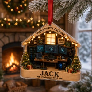 May include: A house-shaped Christmas ornament featuring a cybersecurity engineer workspace with computer monitors, a server rack, and a desk. The text reads CYBERSECURITY ENGINEER, SECURE PROTECT DEFEND, JACK, and Christmas 2026. It includes a red ribbon.
