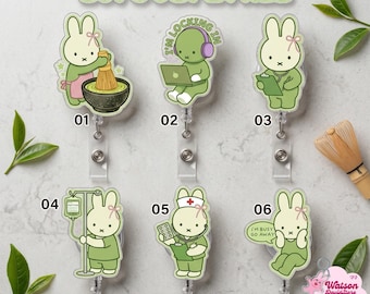 Kawaii Bunny Nurse Badge Reel, Medical ID Holder, Matcha Green Aesthetic Bunny Badge Reel, Nurse Retractable ID Clip, Work Accessories